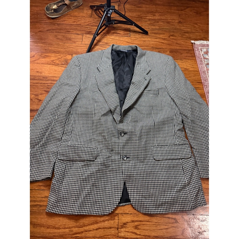 Burberrys Vintage Mens Wool Houndstooth Blazer Sport Coat Black White 46R